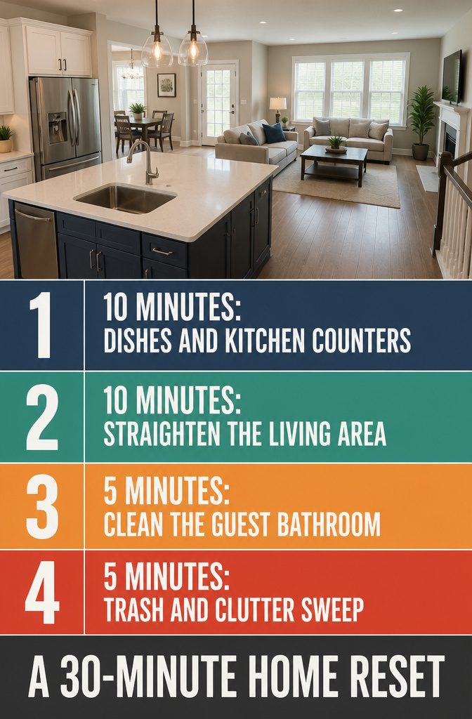 Home cleaning information graphic titled A 30-Minute Home Reset