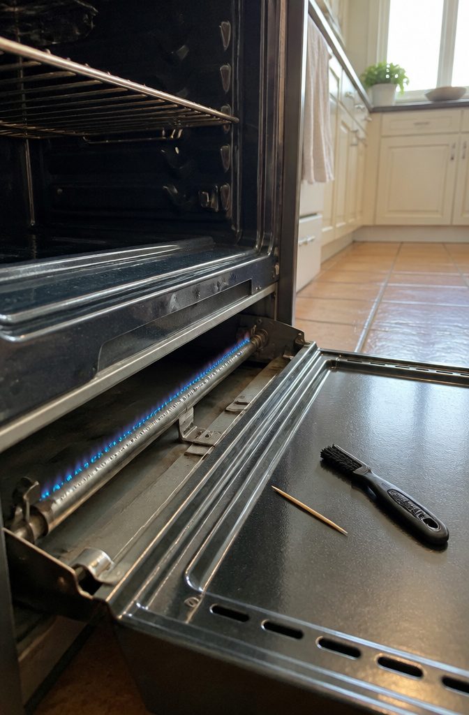Gas oven burner assembly with a cleared port toothpick and small brush