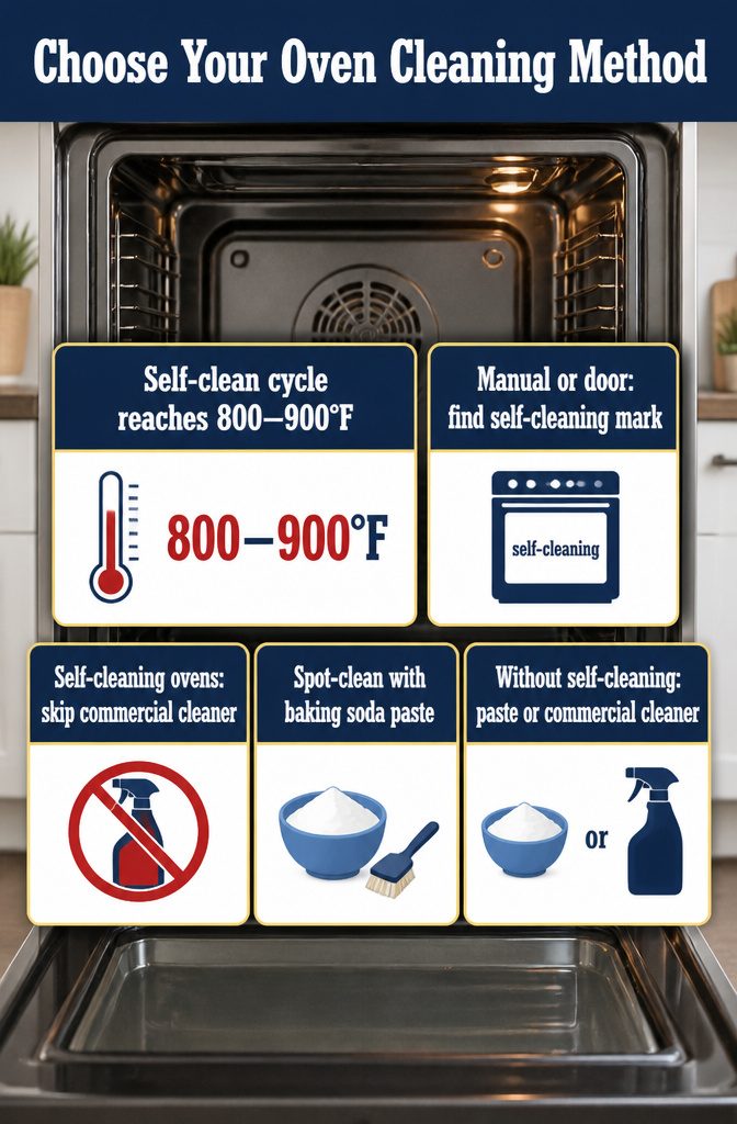 Oven cleaning method graphic with options for self-cleaning ovens and baking soda paste