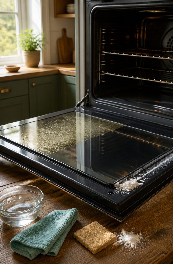 Oven door glass split between cloudy grease film and a clear wiped section