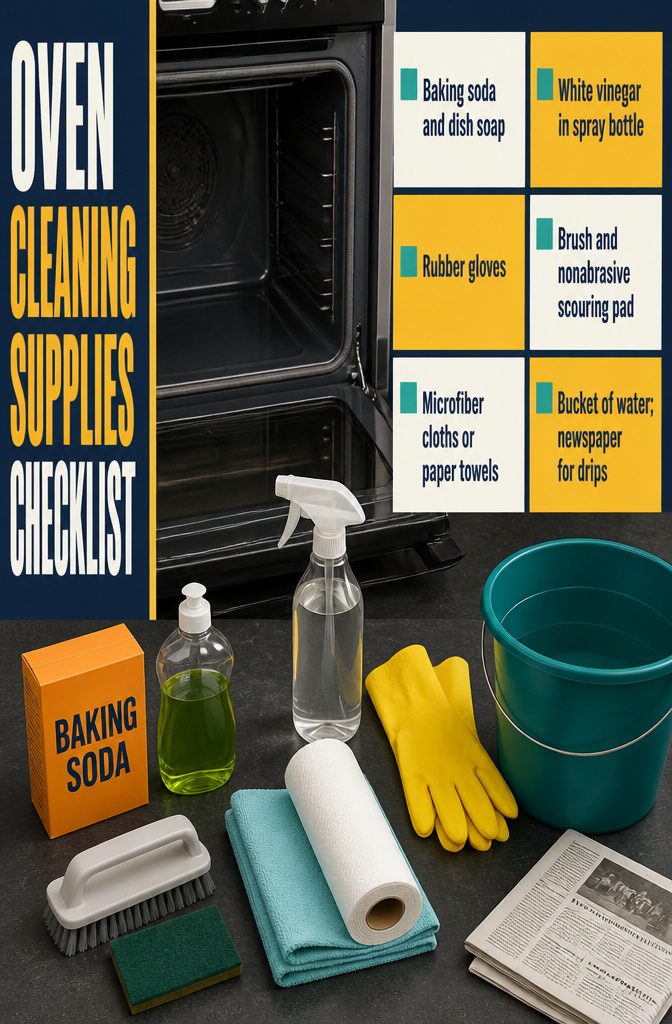 Oven cleaning checklist with baking soda dish soap vinegar gloves and scrub brushes
