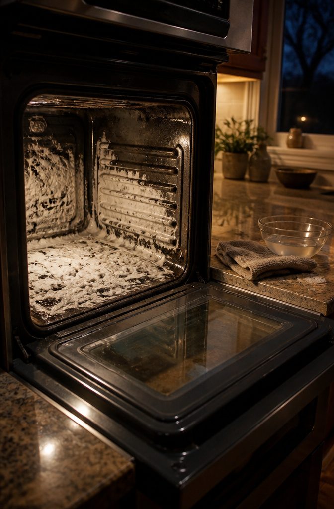 Open oven with thick baking soda paste over dark buildup and a bowl of water nearby