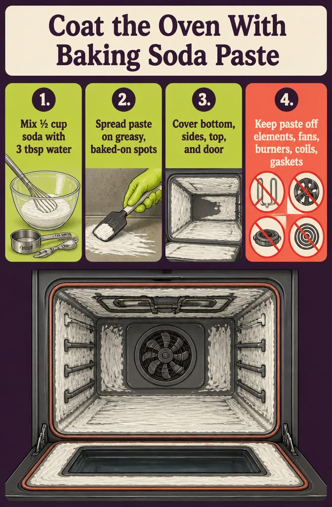 Oven interior coated with baking soda paste around the walls and enamel floor