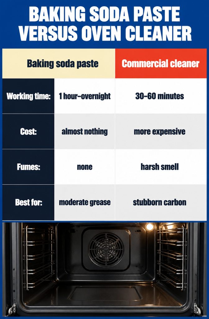 Comparison graphic showing baking soda paste and commercial oven cleaner