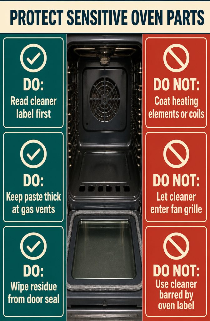 Oven diagram identifying heating elements rubber gasket burner vents and fan