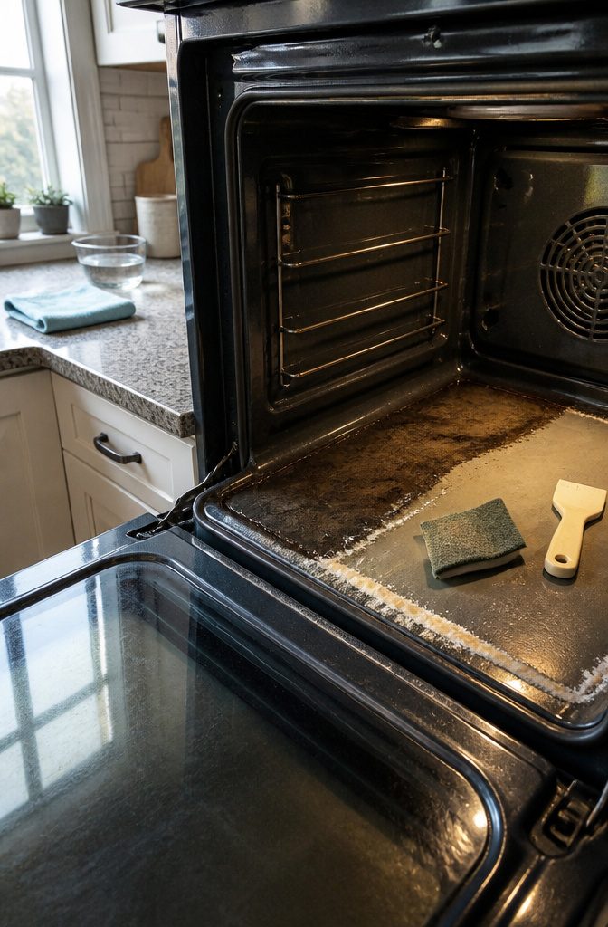 Oven floor with partly lifted grime a plastic scraper damp pad and microfiber cloth