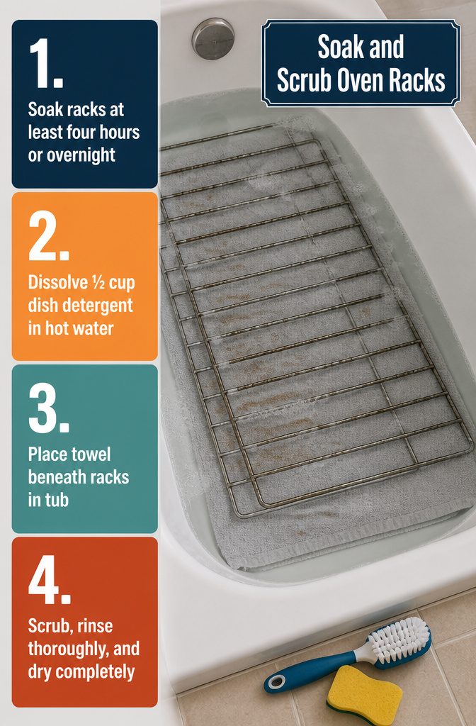 Oven rack soaking in soapy water beside a soft brush and sponge