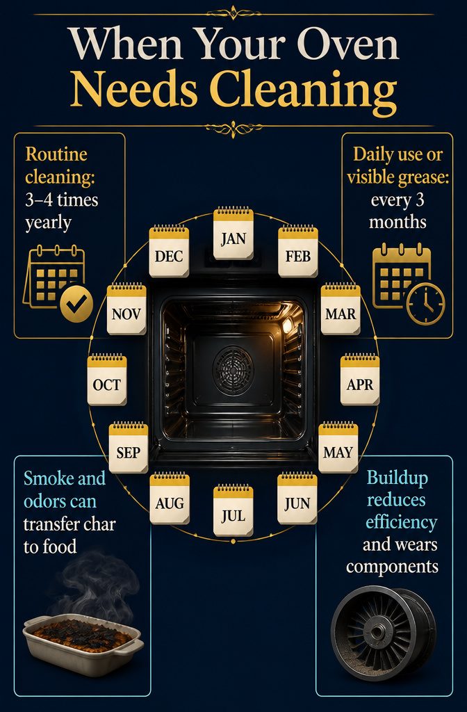 Oven cleaning guide graphic with grease buildup smoke and cleaning schedule