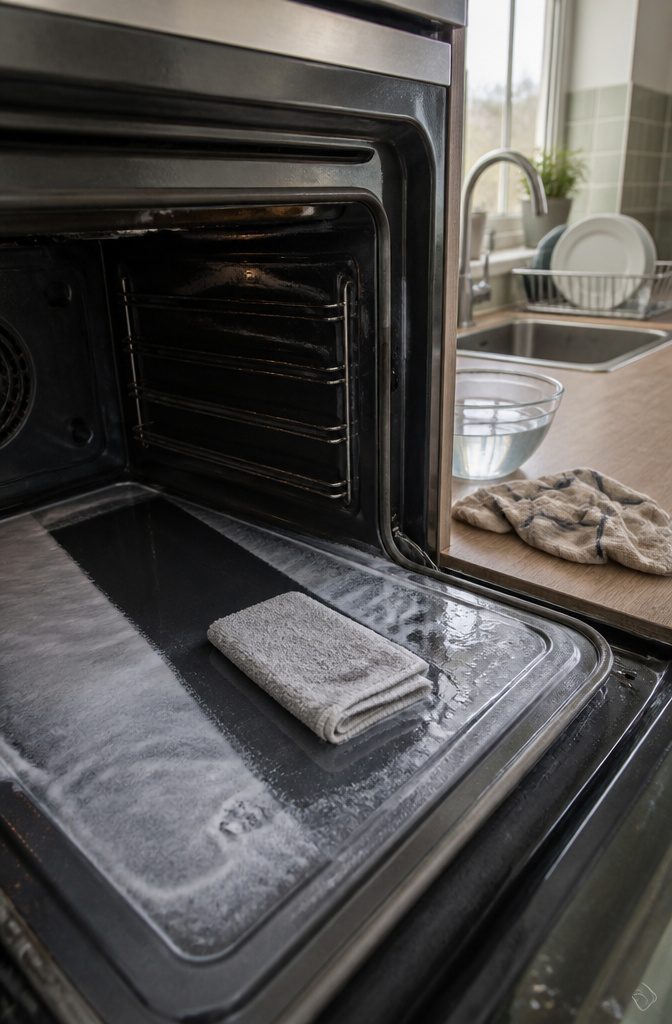 Damp cloth wiping baking soda residue from a clean oven interior