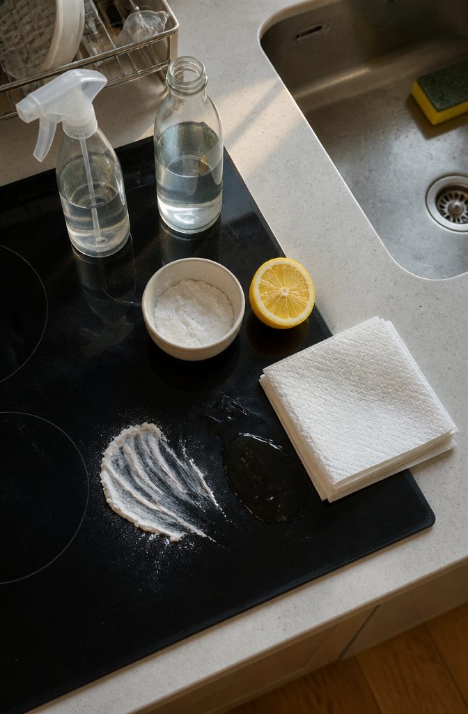 How to Clean Stove Glass Naturally: 6 Steps 3 Baking soda, white vinegar, lemon, and dish soap beside a glass cooktop