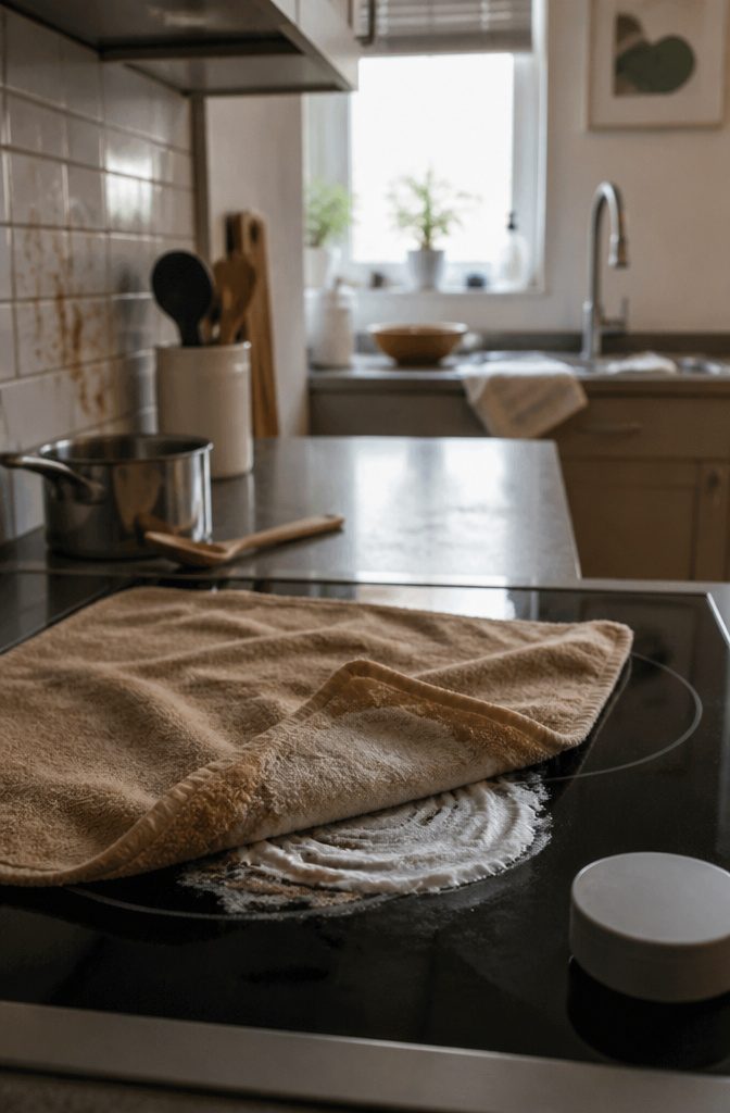 How to Clean Stove Glass Naturally: 6 Steps 4 Damp towel folded back over white paste and brown residue on glass