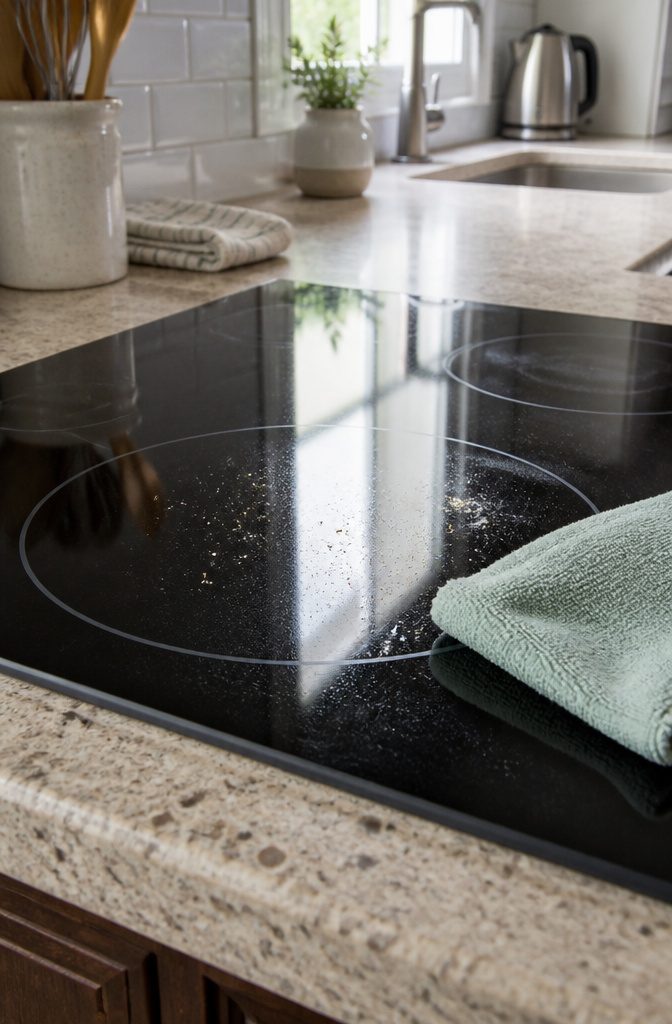 How to Clean Stove Glass Naturally: 6 Steps 2 Glass cooktop with loose crumbs beside a damp cloth