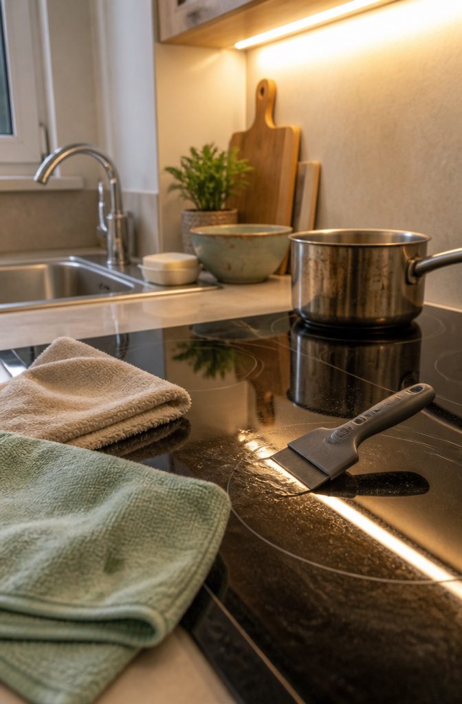 How to Clean Stove Glass Naturally: 6 Steps 6 Plastic scraper beside dish soap and cloths on a glass cooktop