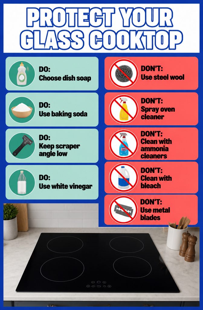 How to Clean Stove Glass Naturally: 6 Steps 9 Protect Your Glass Cooktop graphic listing cleaning products and tools to avoid