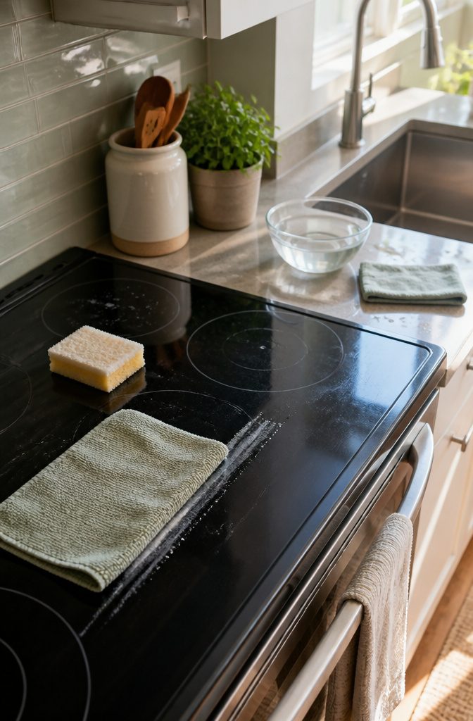 How to Clean Stove Glass Naturally: 6 Steps 5 Microfiber cloth and non-abrasive sponge beside a hazy glass cooktop