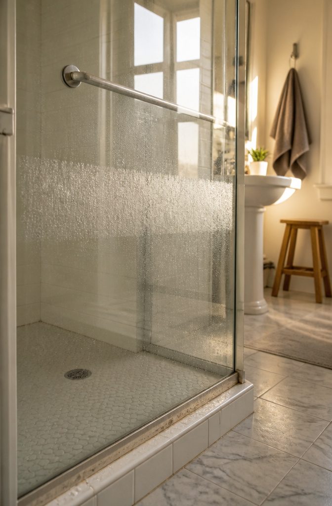 Cloudy etched band on shower glass beside a clearer section and dull chrome