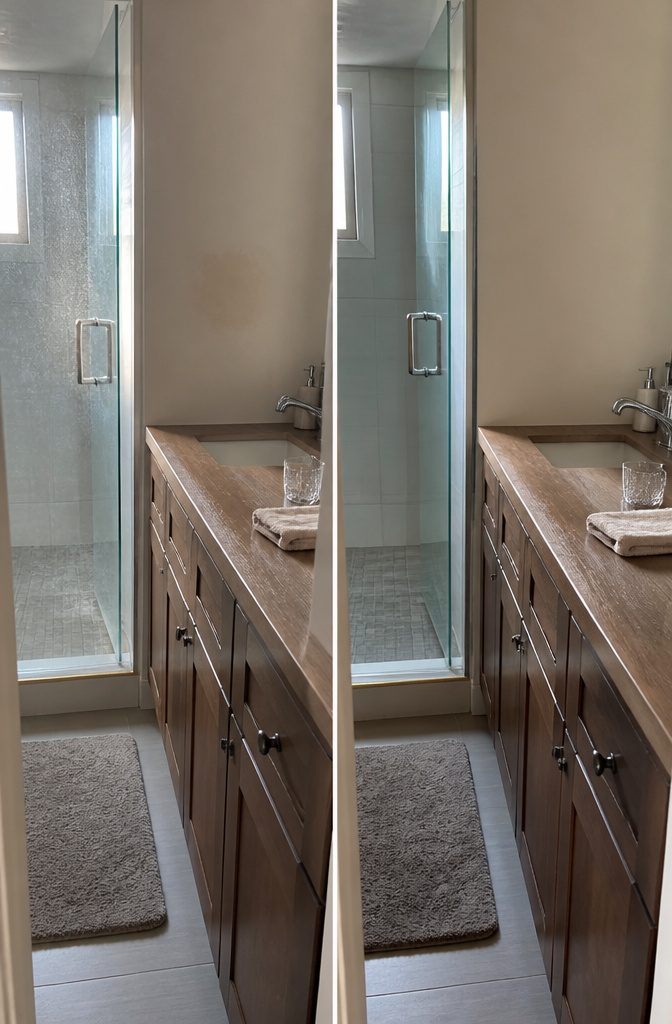 Bathroom fixtures, glass, tile, and wood with different water stain marks