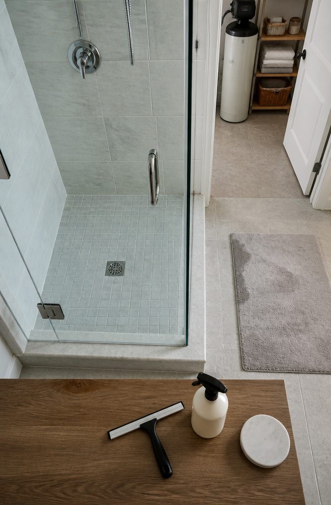 Bathroom glass and chrome fixtures with water droplets and a drying cloth