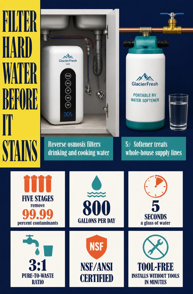 Under-sink reverse osmosis filter connected to plumbing beside a kitchen cabinet