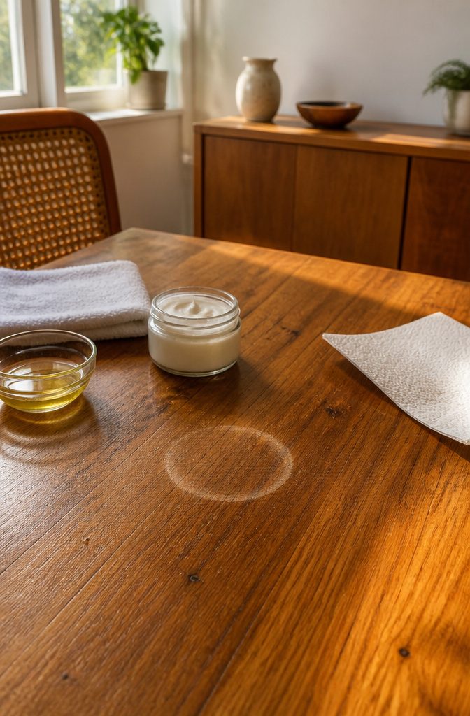 Finished wooden tabletop with a pale cloudy water mark across its grain