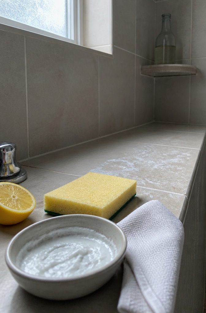 Bathroom tile with cloudy mineral residue, baking soda paste, vinegar, lemon, and sponge