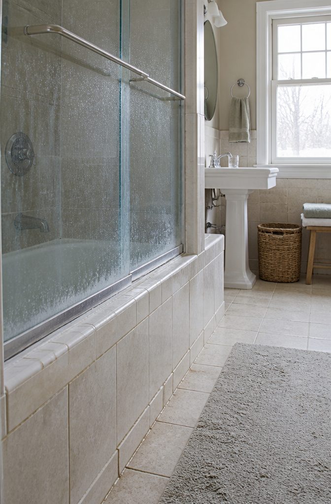 White mineral deposits on shower glass, bathroom tile, and a chrome faucet