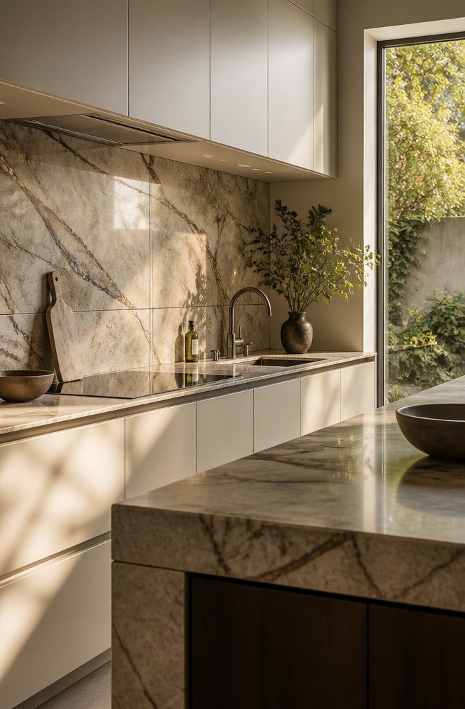 Warm-veined marble tile backsplash behind a kitchen sink and cooktop