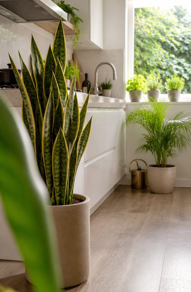 Kitchen counter with potted herbs and green plants
