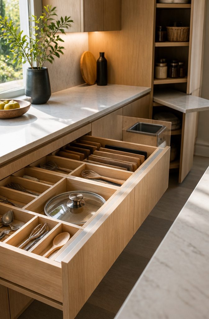 Open deep kitchen drawer with dividers organizing utensils and kitchen tools