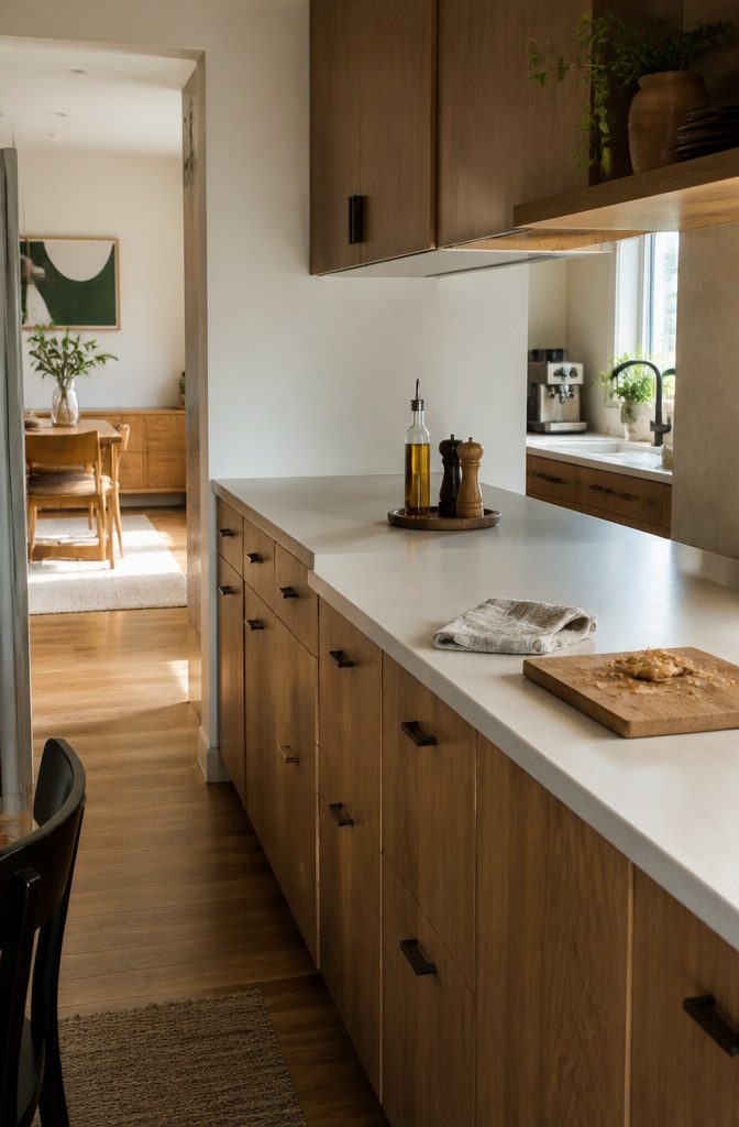 Pale kitchen counter with a tray of seasonings beside an open prep area