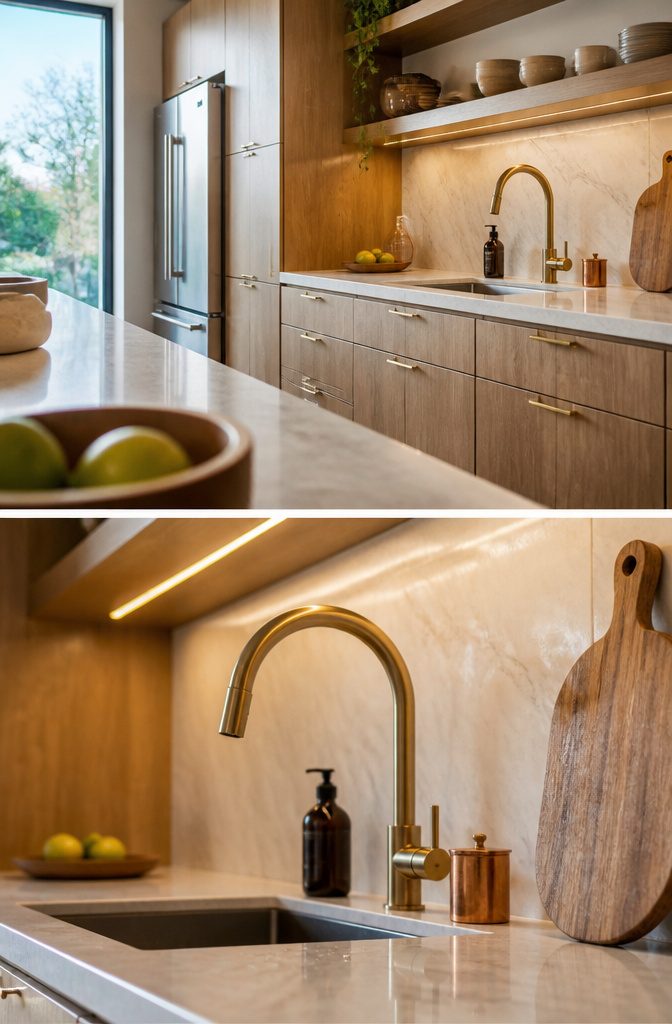 Kitchen with wood cabinets, stone countertops, and metal finishes