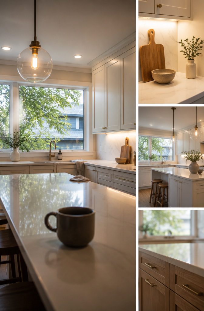 Kitchen counter lit by under-cabinet strips and a pendant light
