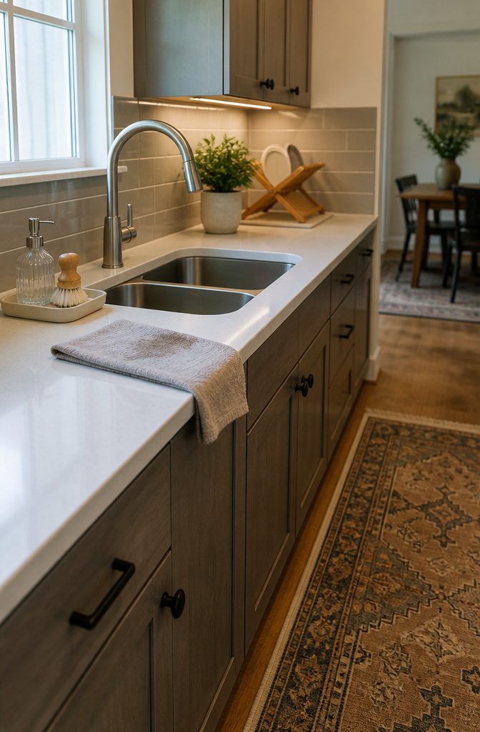 Kitchen sink with a large stainless faucet and glass soap dispenser