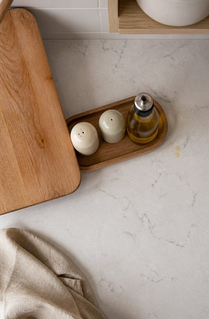 Kitchen counter with a tray holding salt, pepper, and an oil dispenser