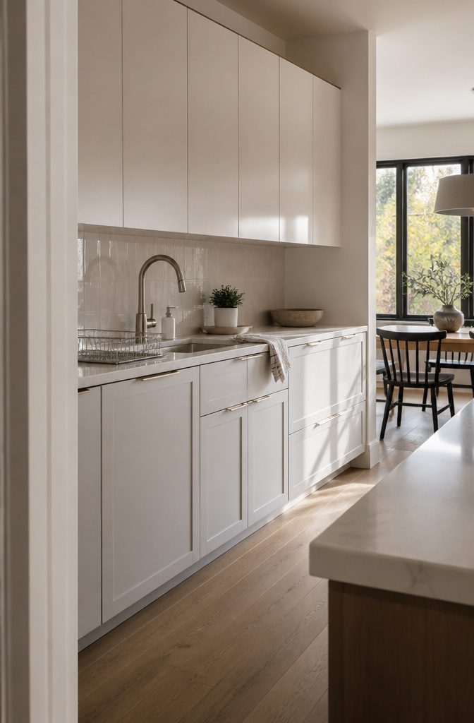 Pale kitchen cabinets with slab doors, recessed pulls, and slim horizontal handles