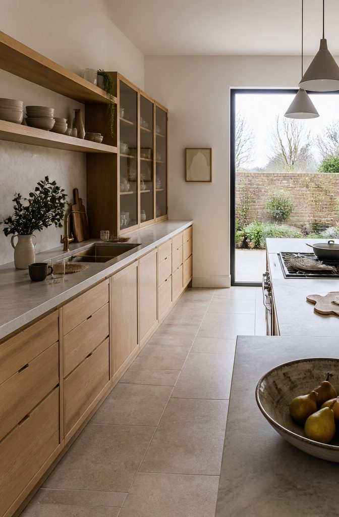 Kitchen floating shelves with dishes and cookbooks beside glass-front cabinets