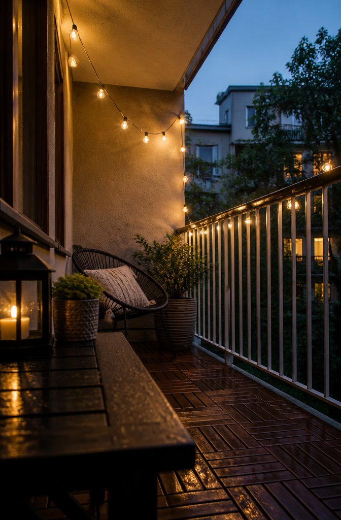 7 Ways to Decorate a Small Balcony Without Wasting Space 6 Balcony seating beneath string lights after dark