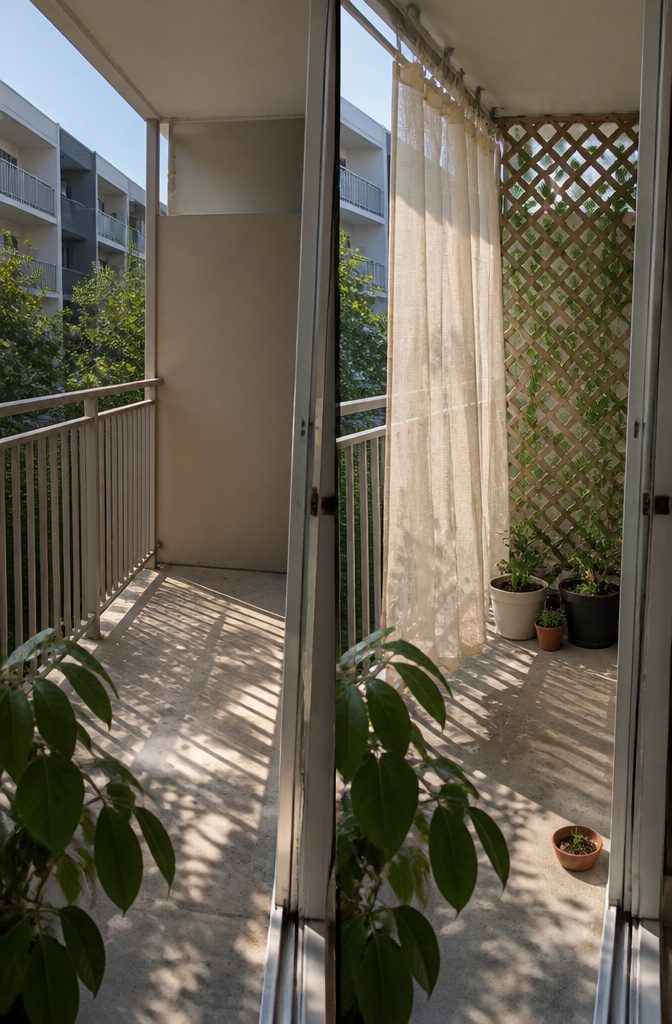 7 Ways to Decorate a Small Balcony Without Wasting Space 7 Outdoor curtains beside a balcony railing and neighboring buildings