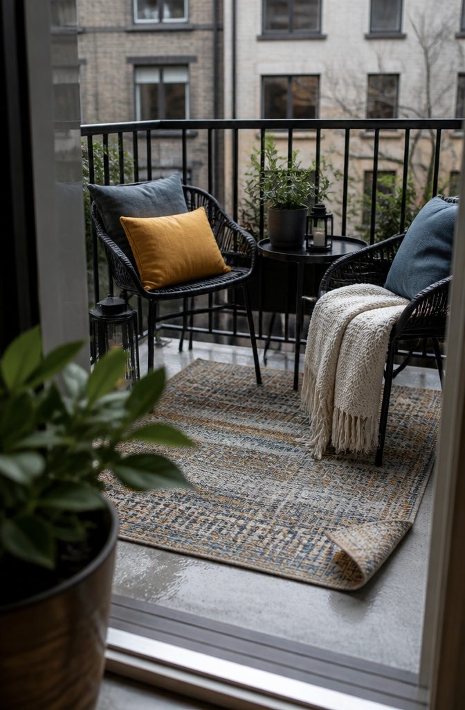 7 Ways to Decorate a Small Balcony Without Wasting Space 5 Outdoor cushions on a chair above a woven patterned rug