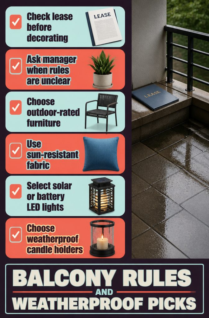7 Ways to Decorate a Small Balcony Without Wasting Space 10 Balcony rules and outdoor furniture shown in a home planning graphic