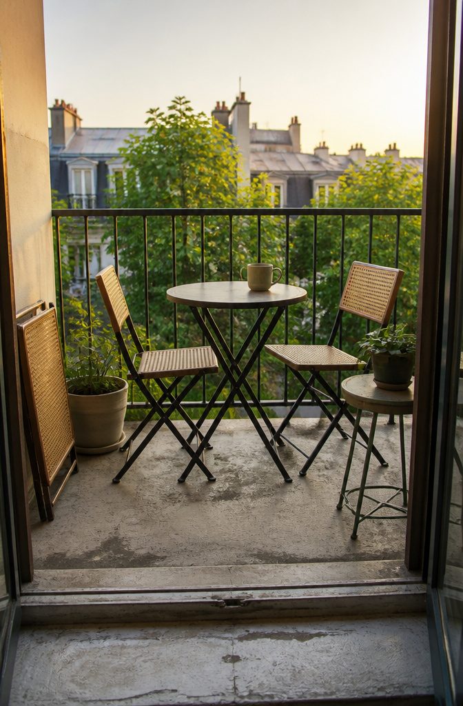 7 Ways to Decorate a Small Balcony Without Wasting Space 2 Cane chairs beside a foldable bistro table on a small balcony