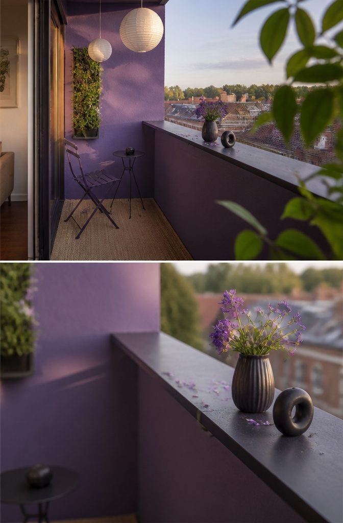 7 Ways to Decorate a Small Balcony Without Wasting Space 8 Purple balcony wall with a decorative sign and small accents