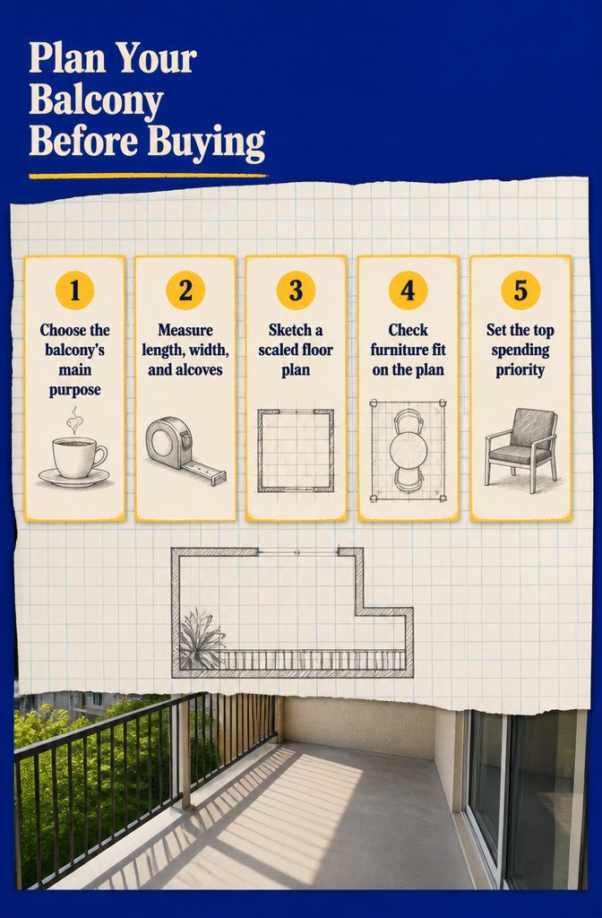 7 Ways to Decorate a Small Balcony Without Wasting Space 9 Balcony planning diagram with furniture arranged in a floor plan