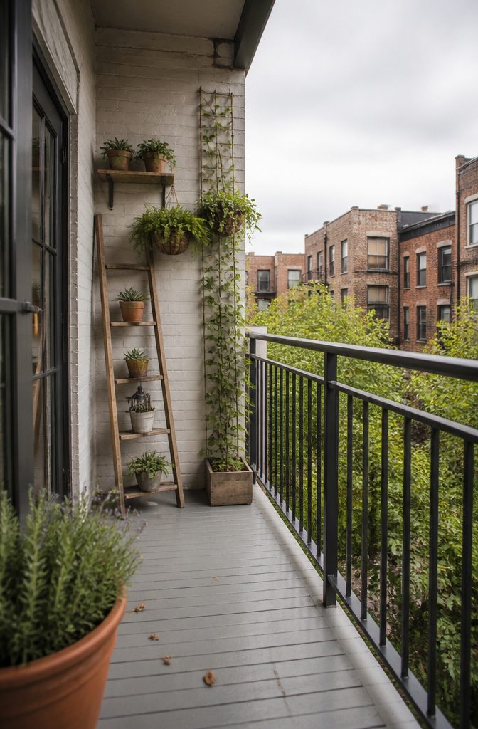 7 Ways to Decorate a Small Balcony Without Wasting Space 4 Ladder planter holding potted plants against a balcony wall