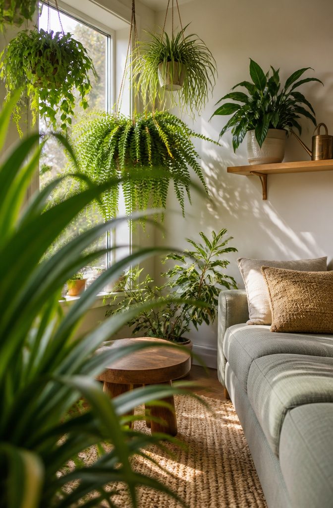 Hanging planters with trailing green plants beside a family room window