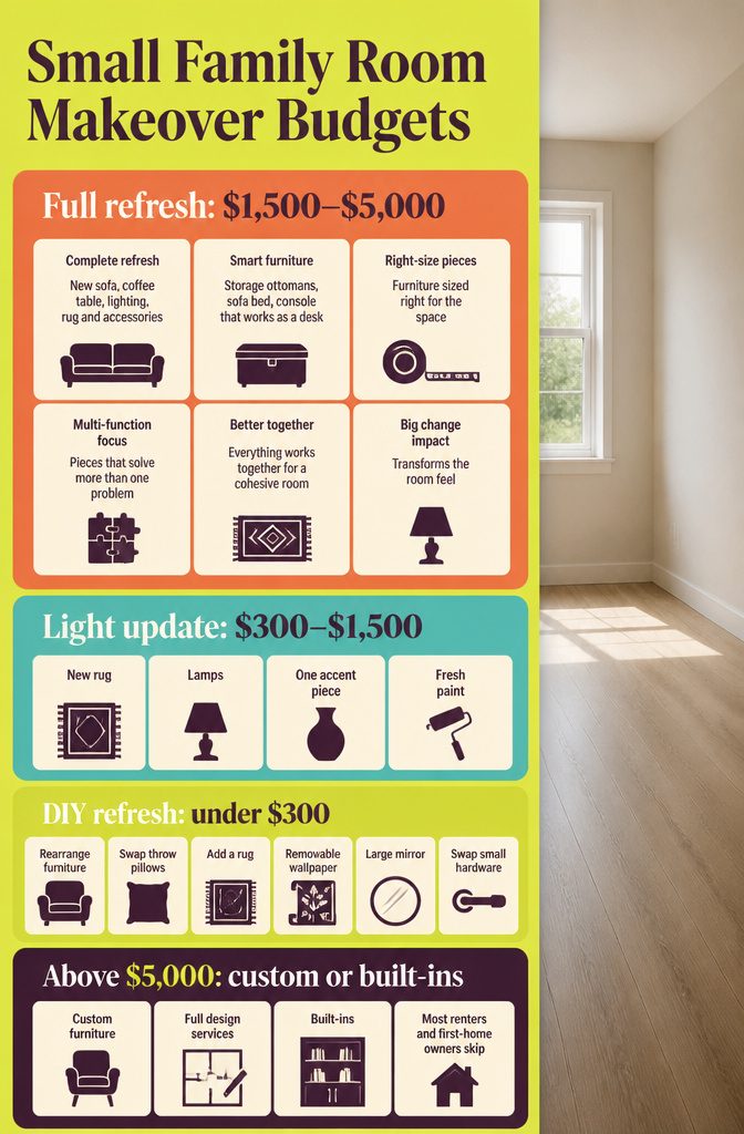 Small family room makeover budget graphic comparing DIY light update and full refresh costs