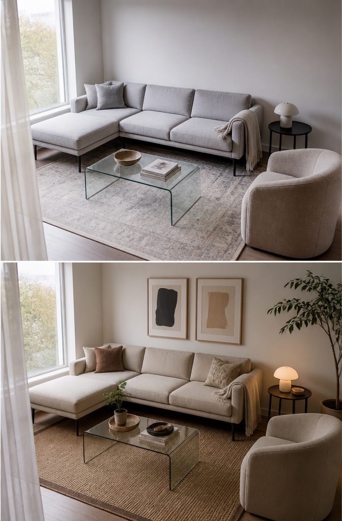 Sofa on exposed legs beside a transparent coffee table in a small room