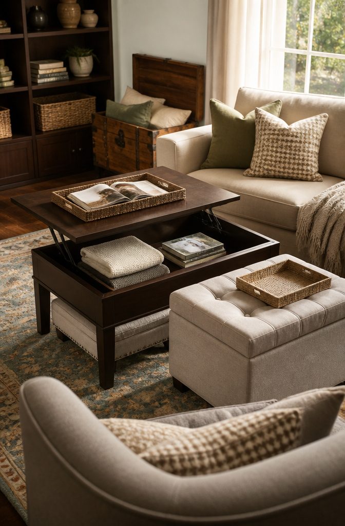 Upholstered storage ottoman beside a sofa with a tray on its top