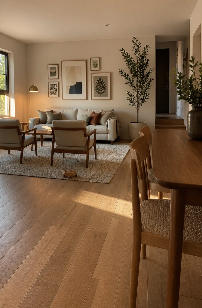 Area rug under a sofa and chairs defining a compact family room seating area