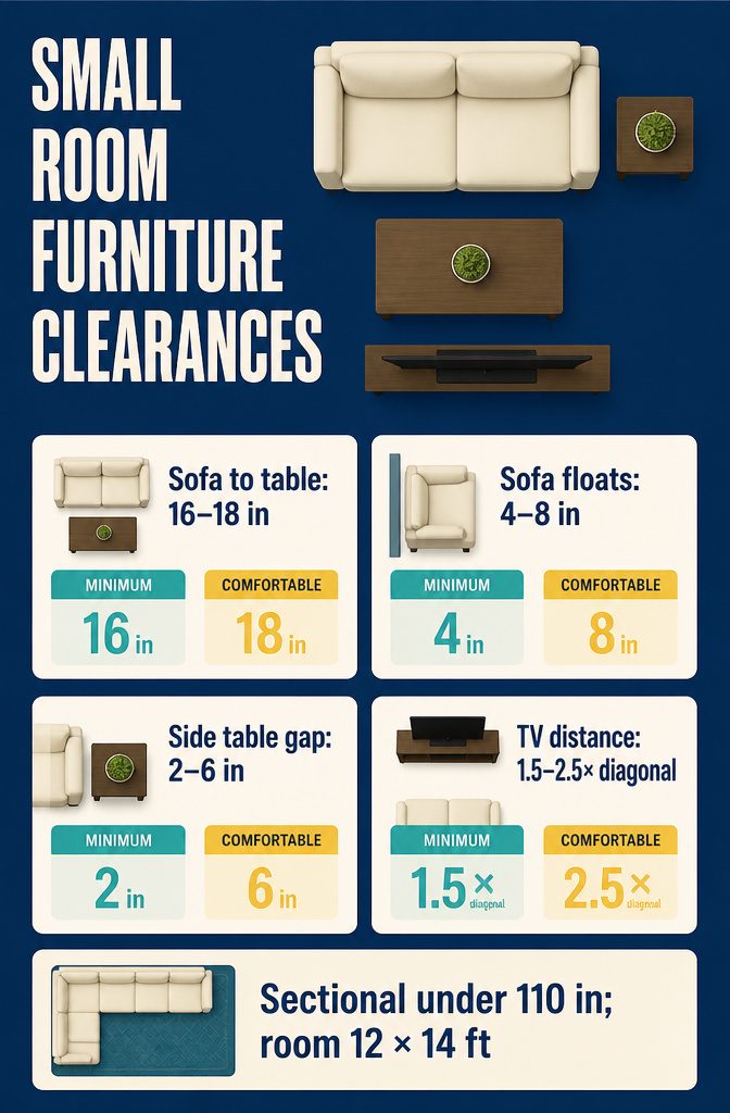 Small room furniture clearance chart listing sofa table and television spacing